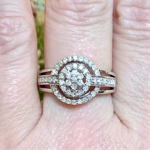 Genuine 1 Carat Diamond Flower Cluster Double Halo Ring ~ Triple Band Ring - Picture 15 of 15